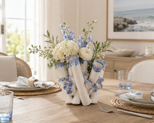 Sea Coral Blue and White Ceramic Vase.