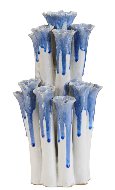 Handcrafted Thai ceramic coral flower vase featuring a white glaze with cascading blue accents, sculptural coastal design, 10 inches wide by 16.5 inches tall.