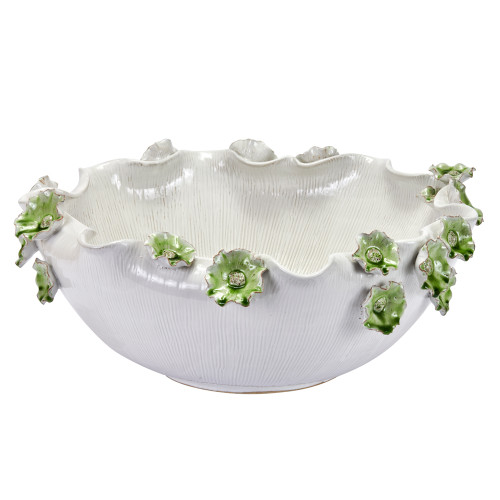 Handmade Thai white and green floral ceramic bowl on a white background