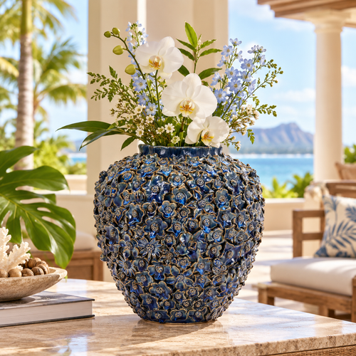 Large blue Bouquet De Fleurs ceramic vase styled with flowers in a bright coastal setting