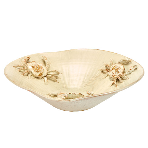 Handmade Thai cream ceramic crab bowl platter on a white background