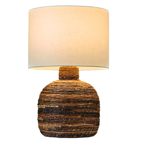 Brown handwoven abaca rope table lamp L150B, 21.5-inch natural fiber lamp with rounded woven base and linen shade.