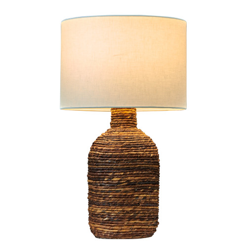 Brown Twisted Abaca rope table lamp L151B, 21-inch handcrafted natural fiber lamp with slender woven base and neutral linen shade.