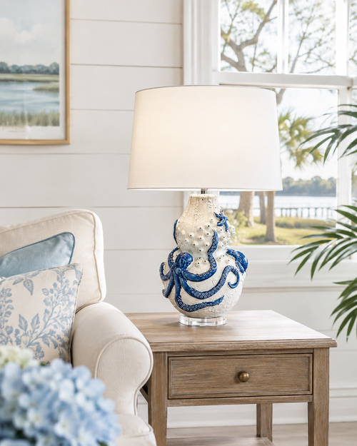 Handmade Thai Blue & White Ceramic Sea Life Table Lamp – 23"