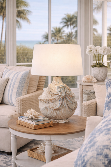 Handmade Thai Cream Ceramic Octopus Table Lamp – 20"