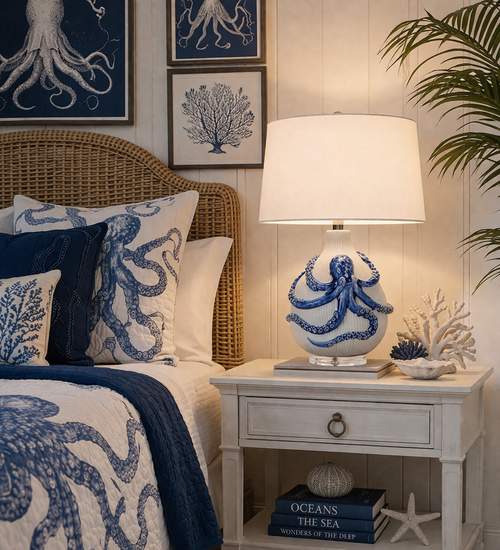 Handmade Thai Blue & White Ceramic Octopus Table Lamp – 20"