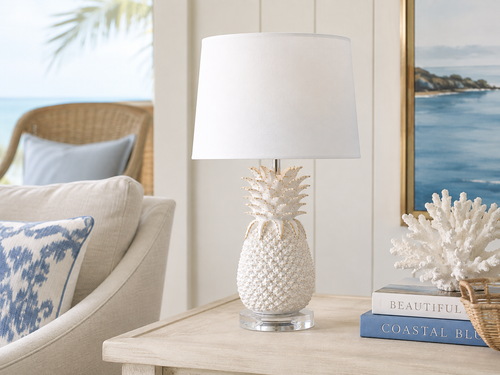 Handmade Thai White & Gold Pineapple Ceramic Table Lamp – 21"
