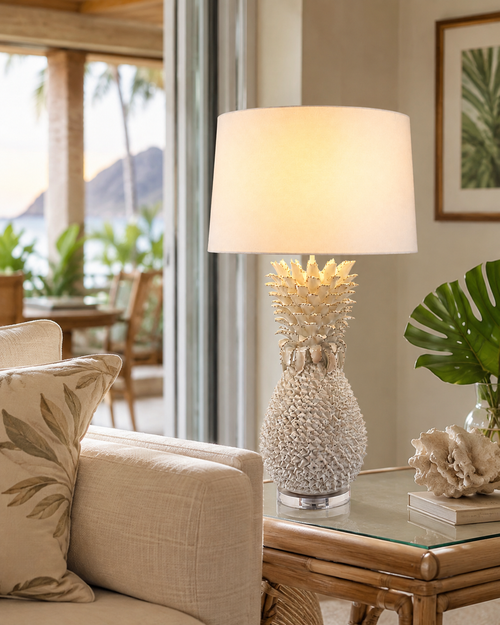 Handmade Thai Large White Pineapple Ceramic Table Lamp – 32"