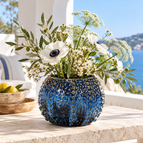 Handmade Thai Ocean Blue Sea Urchin Ceramic Vase – Large