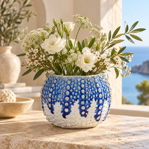 Handmade Thai Ocean Blue & White Sea Urchin Ceramic Vase – Medium
