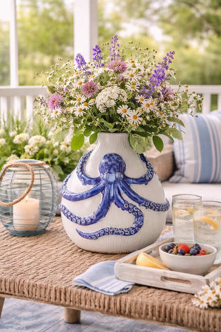 Blue & White Octopus Ceramic Vase – Large