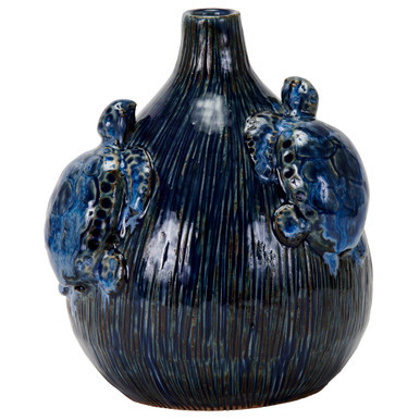 Handcrafted Sea Turtle Ceramic Vase – Deep Ocean Blue
