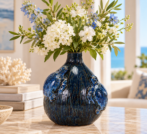 Handcrafted Sea Turtle Ceramic Vase – Deep Ocean Blue