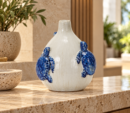 Blue and White Sea Turtle Ceramic Vase – Medium