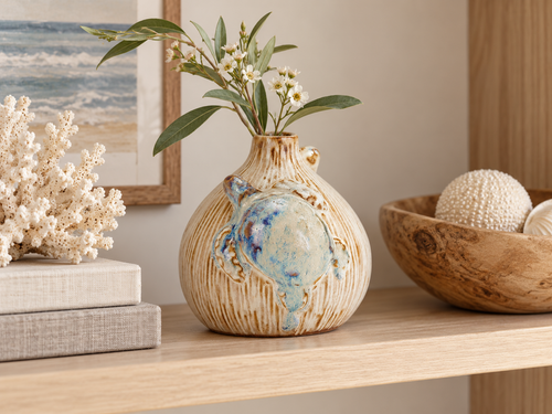 Cream & Ocean Blue Sea Turtle Ceramic Vase – Small