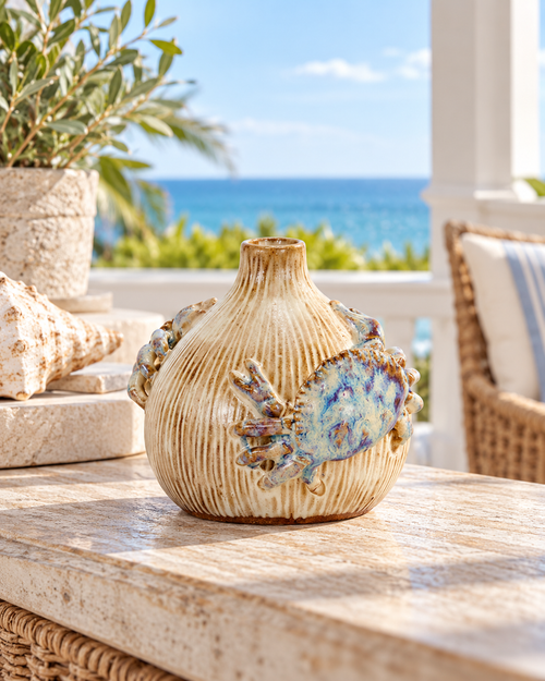 Handcrafted Sea Crab Ceramic Vase – Cream & Soft Blue