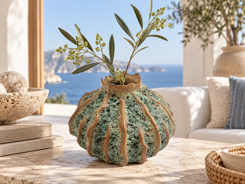 Handcrafted Thai Green Moss Textured Ceramic Vase – Small