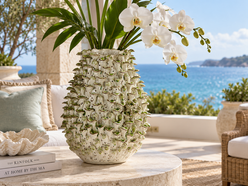 Handmade Thai Green & White Coral Ceramic Vase