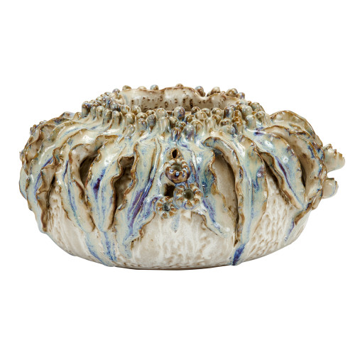 Handmade Thai Ocean Bloom ceramic vase in ivory with blue lavender and golden-brown coastal glaze