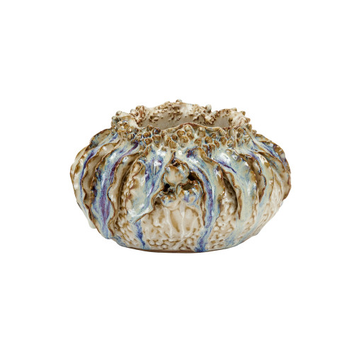 Handmade Thai Tidepool Coral ceramic vase in iridescent ivory with blue lavender and golden-brown accents