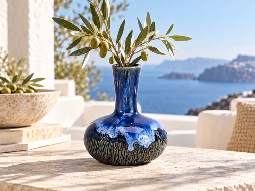 Handmade Thai Ocean Blue Reactive Glaze Ceramic Vase