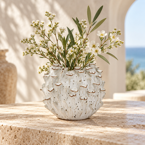 Handmade Thai White Barnacle Ceramic Vase – Small