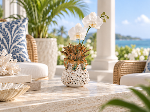 Small Handmade Thai White & Green Pineapple Ceramic Vase