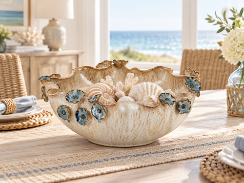 Handmade Thai Oyster White Ceramic Bowl with Blue Lily Flowers