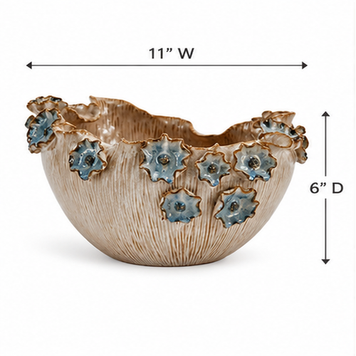 Small Handmade Thai Oyster White Ceramic Bowl with Blue Lily Flowers