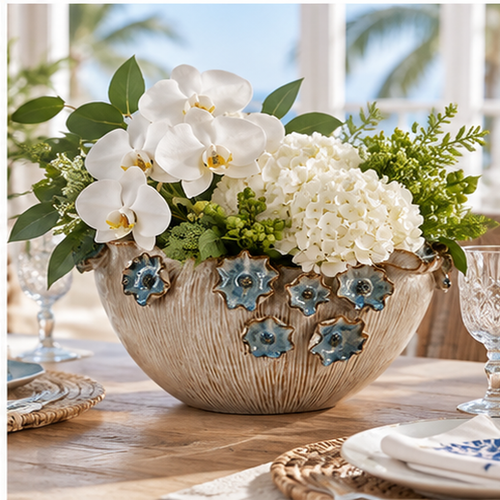 Small Handmade Thai Oyster White Ceramic Bowl with Blue Lily Flowers
