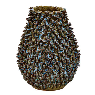 Handmade Thai Taupe & Sea Blue Coral Ceramic Vase – 16"