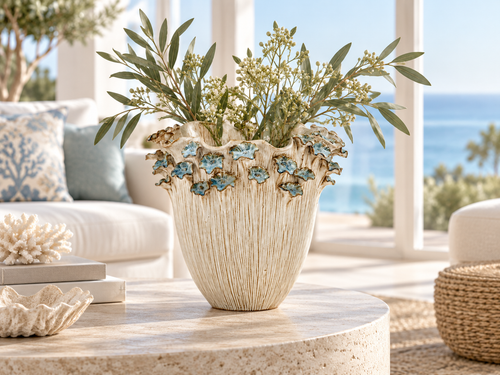 Handmade Thai Oyster White Vase with Blue Lily Flowers