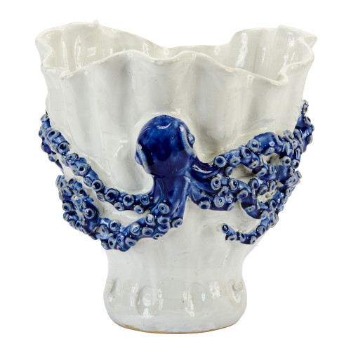 9"  Tall Handmade Thai blue octopus ceramic vase