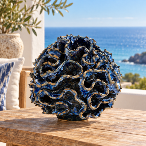 Reef Reverie Ruffled Coral Ceramic Vase – Ocean Blue