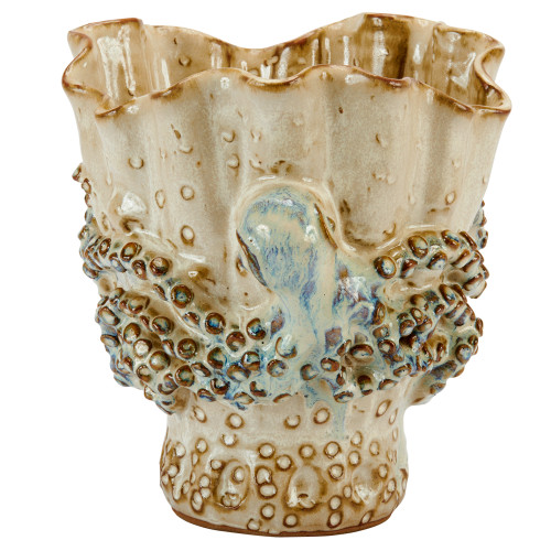 Large aqua and cream octopus ceramic vase with sculptural tentacle detailing on white background.