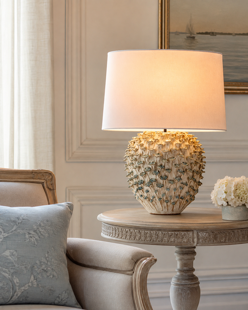 Handmade Thai Cream & Light Blue Floral Ceramic Table Lamp – 25"