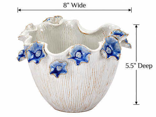 Small Handmade Thai White Ceramic Vase with Light Blue Lily Flowers