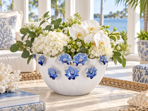 Small Handmade Thai White Ceramic Bowl with Blue Lily Flowers