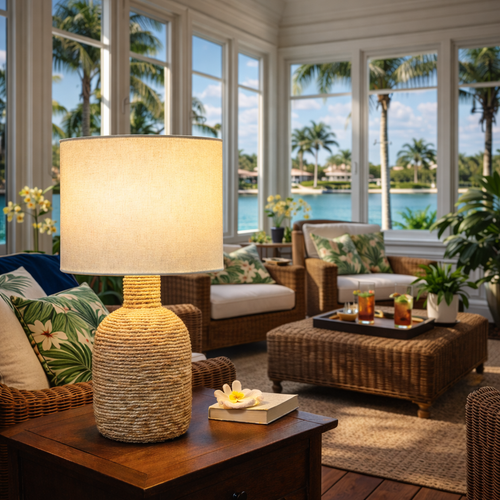 White Twisted Abaca Rope Table Lamp – 21" L151