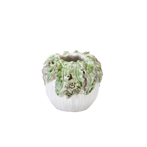 Green Leaf Design White Vase V245XS