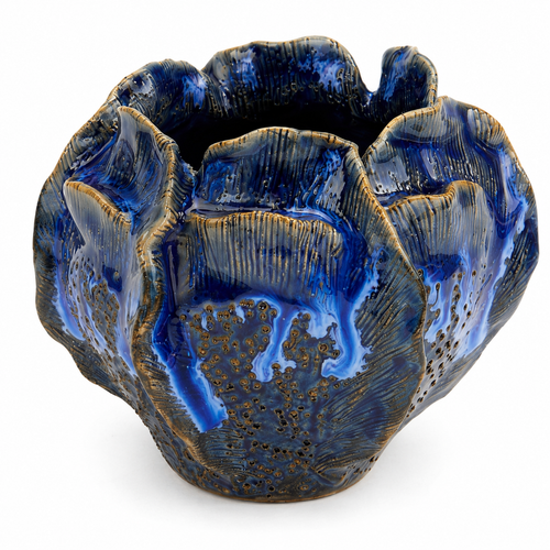 Handcrafted Petal-Form Ceramic Vase – Indigo Blue