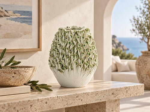 Medium Handmade Thai White & Soft Green Coral Ceramic Vase – 12.5" Tall