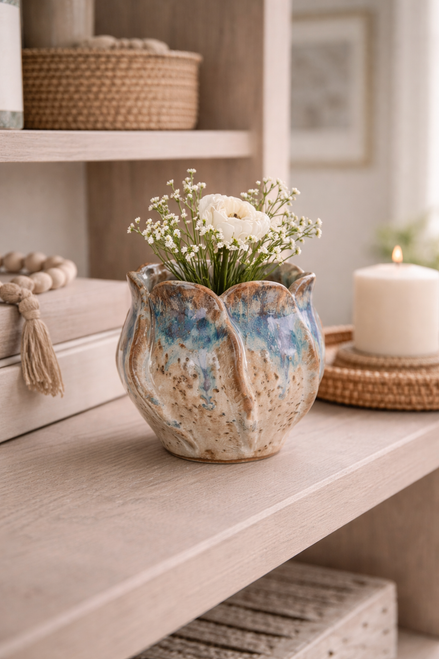 Lotus Reef earth and indigo ceramic bud vase styled with a small botanical arrangement in an upscale interior.