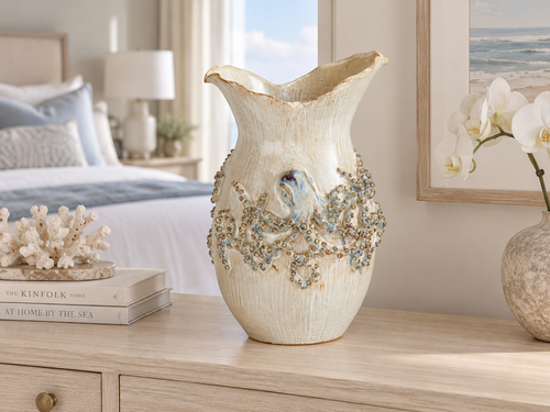 Extra Large Handmade Cream Octopus Ceramic Vase – 18" Tall