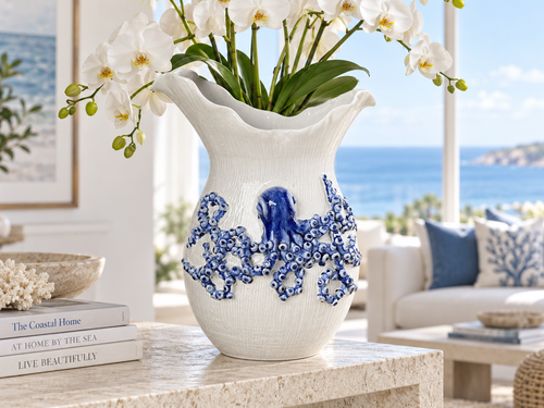 Extra Large Handmade Blue & White Octopus Ceramic Vase – 18" Tall