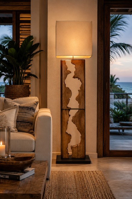 Sculptured Teak Wood Floor Lamp.
