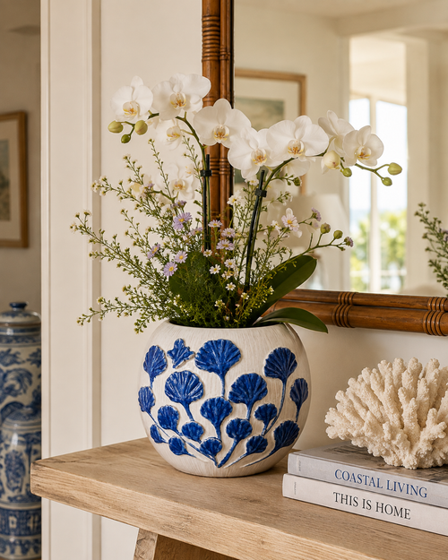 Handmade Thai Blue Ginkgo Ceramic Planter Vase – 6.75" x 6"