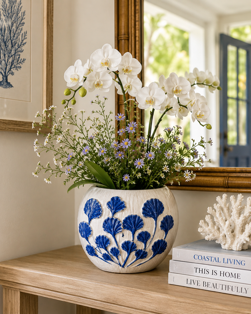Handmade Thai Blue Ginkgo Ceramic Vase & Planter – 5.5" x 4.75"