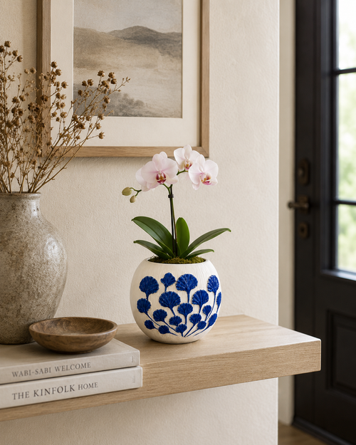 Handmade Thai Blue Ginkgo Ceramic Vase – 4.75" x 4"