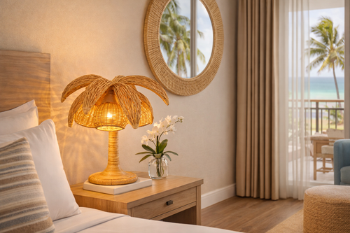 Palmora handwoven palm tree table lamp L146 illuminated in a warm coastal interior with its sculptural palm silhouette clearly visible.